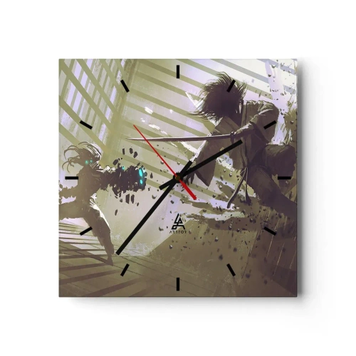 Wanduhr - Glasuhr - Dynamischer Kampf zwischen zwei Charakteren im futuristischen Stil - 30x30cm - Und du kannst ein Samurai sein - Moderne Wanddekoration für Wohnzimmer und Schlafzimmer ARTTOR