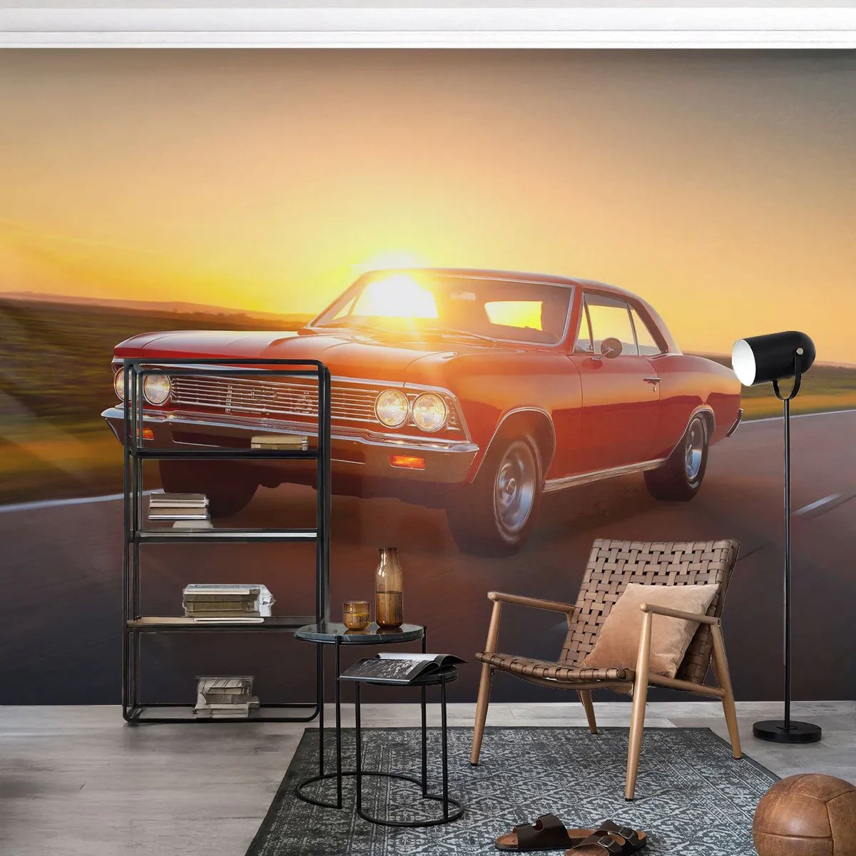Fototapete Premium Sand - Oldtimer auf der Straße bei Sonnenuntergang - 100x70cm - Begehren ist rot - Moderne Wanddekoration für Wohnzimmer und Schlafzimmer ARTTOR