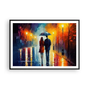 Poster in einem schwarzem Rahmen - Ein Paar unter einem Regenschirm, das durch eine farbenfrohe Nachtstadt spaziert - 100x70cm - Gemeinsam – eine bunte Nacht - Moderne Wanddekoration für Wohnzimmer und Schlafzimmer ARTTOR