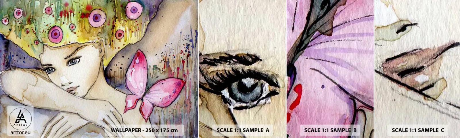 Fototapeten Muster Selbstklebend Deluxe Sticker - Schmetterlingsprinzessin - Abstraktion, Frau, Aquarelle - 100x30 cm