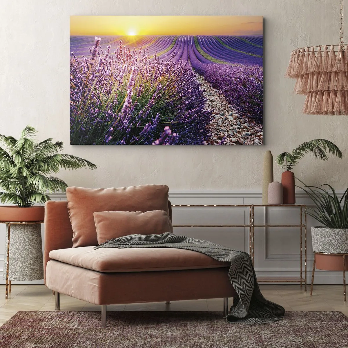 Bild auf Leinwand - Leinwandbild - Lavendelfeld bei Sonnenuntergang - 100x70cm - Duftende Kornfelder - Moderne Wanddekoration für Wohnzimmer und Schlafzimmer ARTTOR
