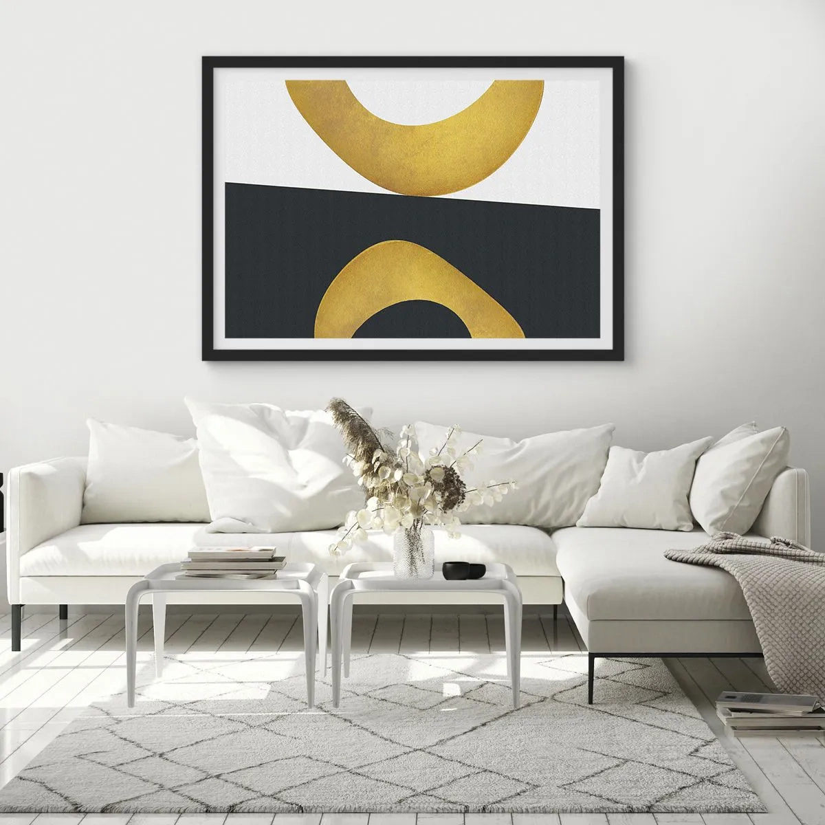 Poster in einem schwarzem Rahmen - Geometrische Formen in Gold auf weißem und dunklem Hintergrund - 70x50cm - Erstens: Gold - Moderne Wanddekoration für Wohnzimmer und Schlafzimmer ARTTOR