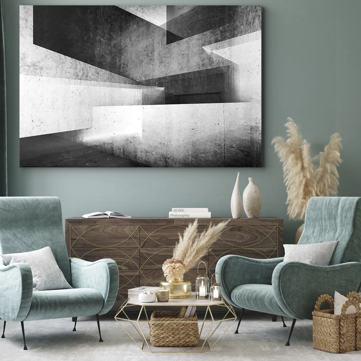 Bild auf Leinwand - Leinwandbild - Geometrische Formen in einer monochromen Komposition - 120x80cm - Die Raumstruktur - Moderne Wanddekoration für Wohnzimmer und Schlafzimmer ARTTOR
