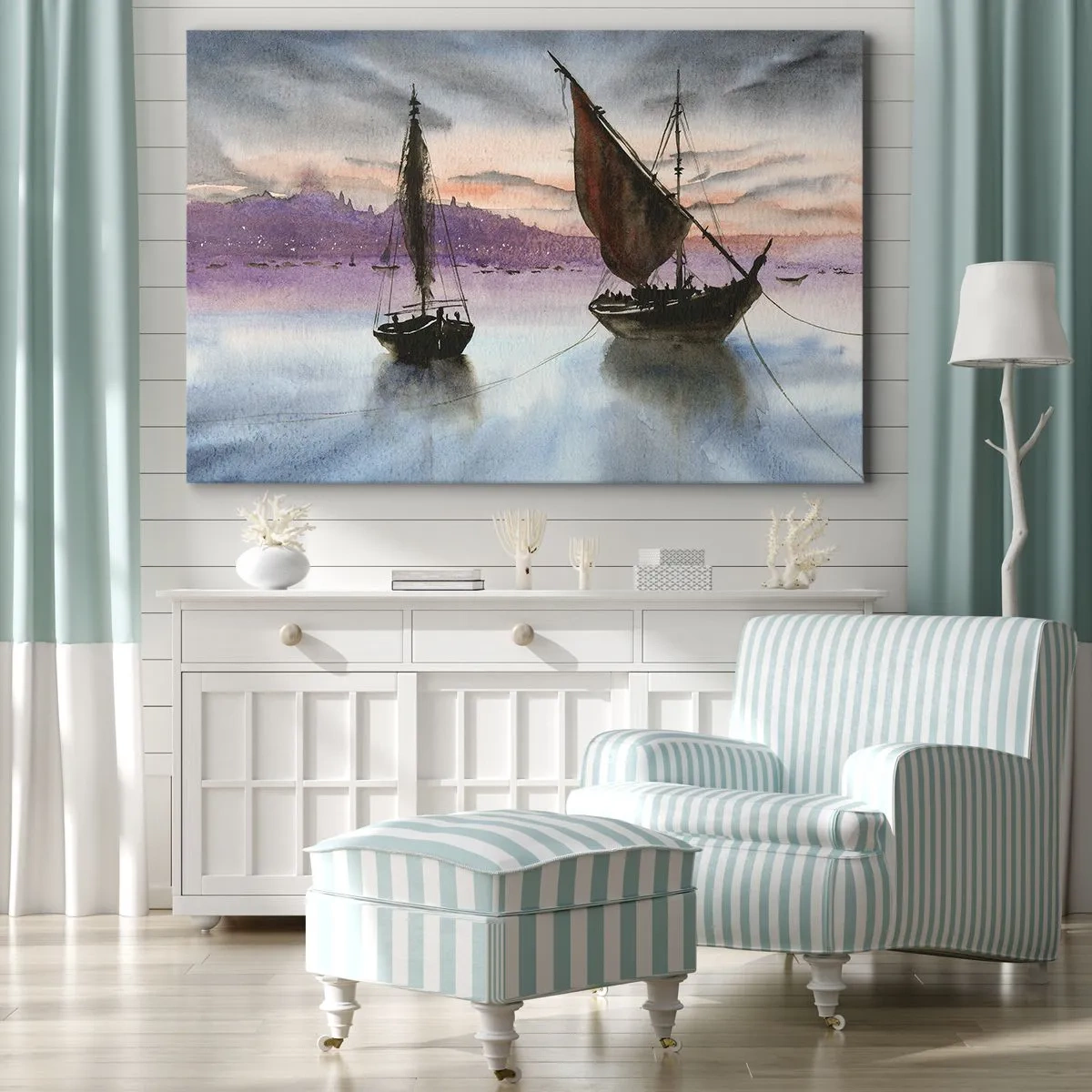 Bild auf Leinwand - Leinwandbild - Zwei Segelschiffe liegen in der Abenddämmerung auf ruhigem Wasser vor Anker - 120x80cm - Abend am Hafen - Moderne Wanddekoration für Wohnzimmer und Schlafzimmer ARTTOR