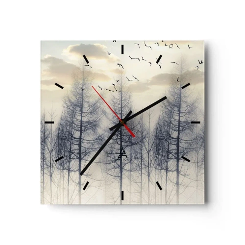Wanduhr - Glasuhr - Nebliger Wald mit Vögeln vor dem Sonnenuntergangshimmel - 30x30cm - Waldgeister - Moderne Wanddekoration für Wohnzimmer und Schlafzimmer ARTTOR