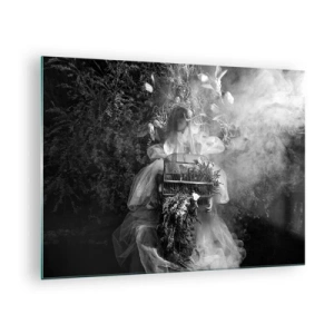 Glasbild - Bild auf glas - Frau im Tüll-Käfigkleid und Pflanzenkrone in Schwarz-Weiß - 70x50cm - Mutter selbst - Natur - Moderne Wanddekoration für Wohnzimmer und Schlafzimmer ARTTOR