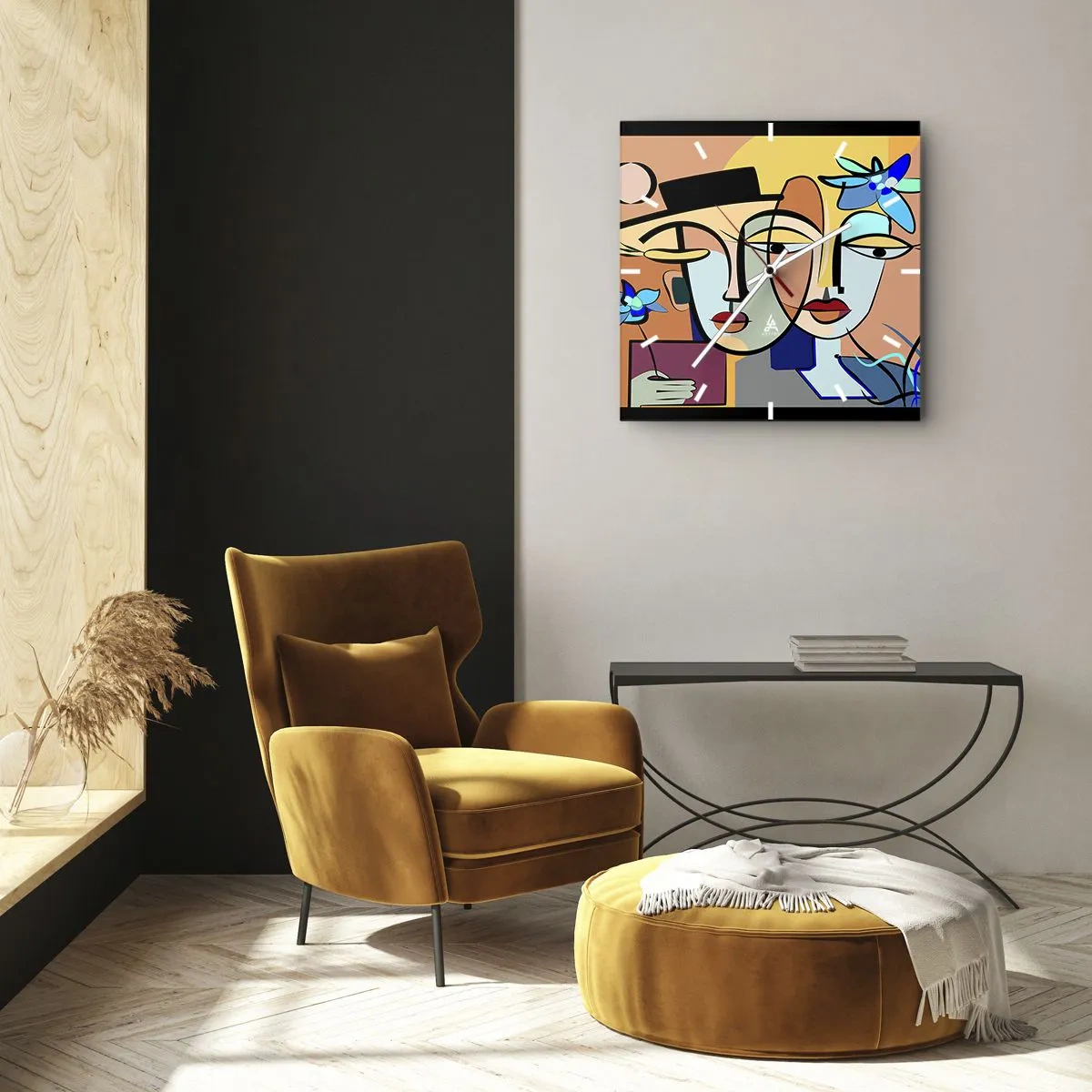 Wanduhr - Glasuhr - Kubistische Porträts in leuchtenden Farben mit floralem Motiv - 30x30cm - Picassos randez vous - Moderne Wanddekoration für Wohnzimmer und Schlafzimmer ARTTOR