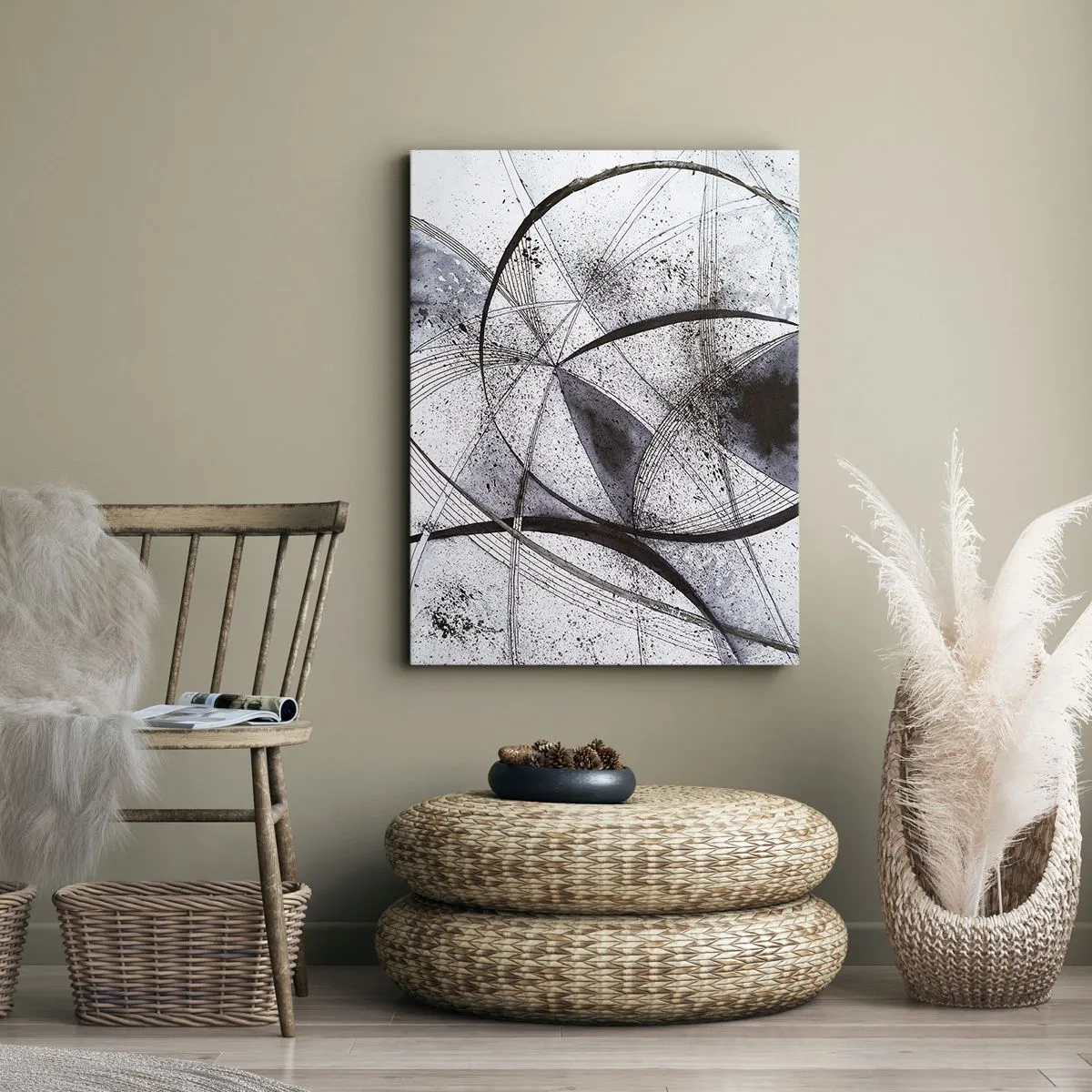 Bild auf Leinwand - Leinwandbild - Abstrakte Linien und Formen in Grau- und Schwarztönen - 50x70cm - Futuristische Fantasie - Moderne Wanddekoration für Wohnzimmer und Schlafzimmer ARTTOR