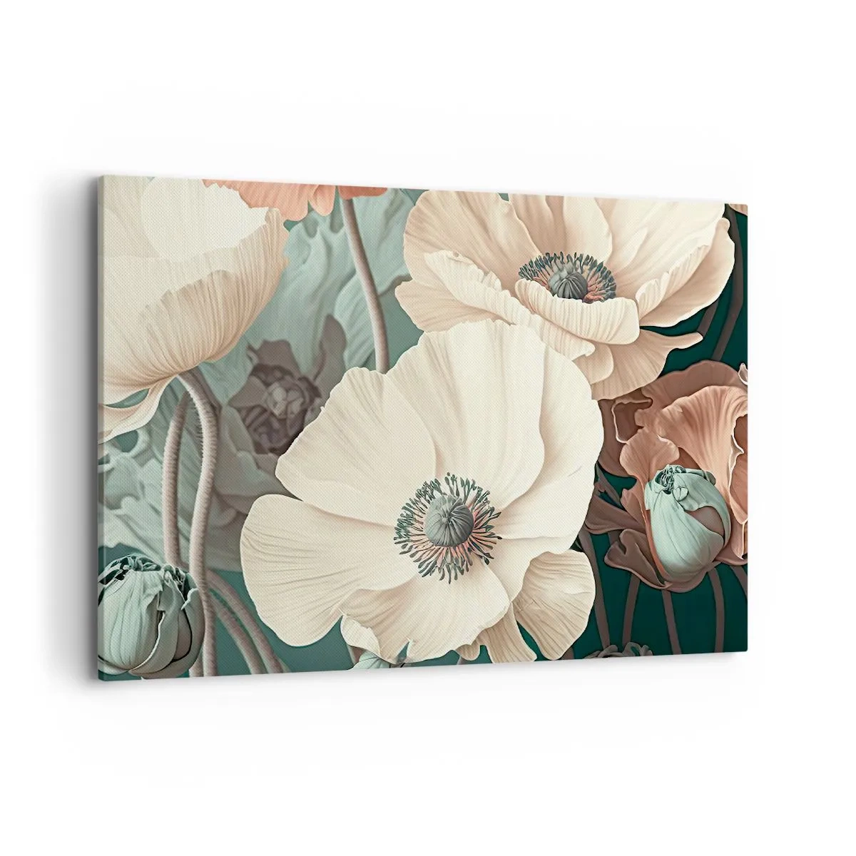 Bild auf Leinwand - Leinwandbild - Elegante Blumen in Pastelltönen auf grünem Hintergrund - 100x70cm - Flüstern von Mohnblumen - Moderne Wanddekoration für Wohnzimmer und Schlafzimmer ARTTOR