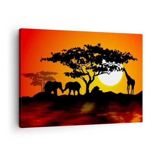 Bild auf Leinwand - Leinwandbild - Afrikanischer Sonnenuntergang mit Silhouetten von Elefanten und Giraffen über dem Wasser - 70x50cm - Treffen in der Savanne - Moderne Wanddekoration für Wohnzimmer und Schlafzimmer ARTTOR