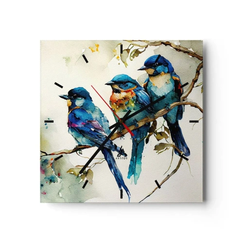 Wanduhr - Glasuhr - Drei bunte Vögel auf einem Ast im Aquarellstil - 30x30cm - War er beleidigt? - Moderne Wanddekoration für Wohnzimmer und Schlafzimmer ARTTOR