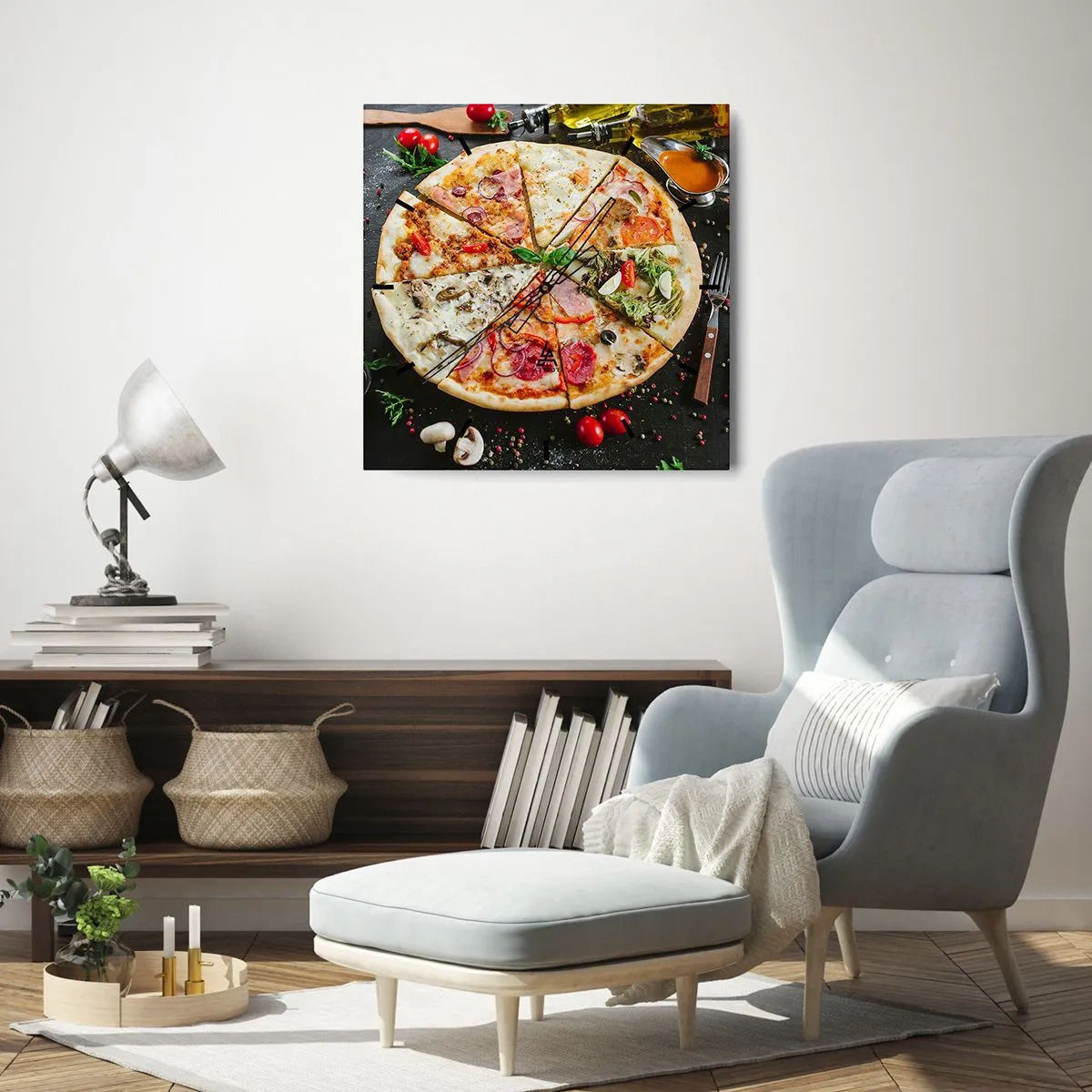 Wanduhr - Glasuhr - Pizza in verschiedenen Geschmacksrichtungen mit verschiedenen Belägen - 30x30cm - Eine Reihe von Geschmacksrichtungen - Moderne Wanddekoration für Wohnzimmer und Schlafzimmer ARTTOR