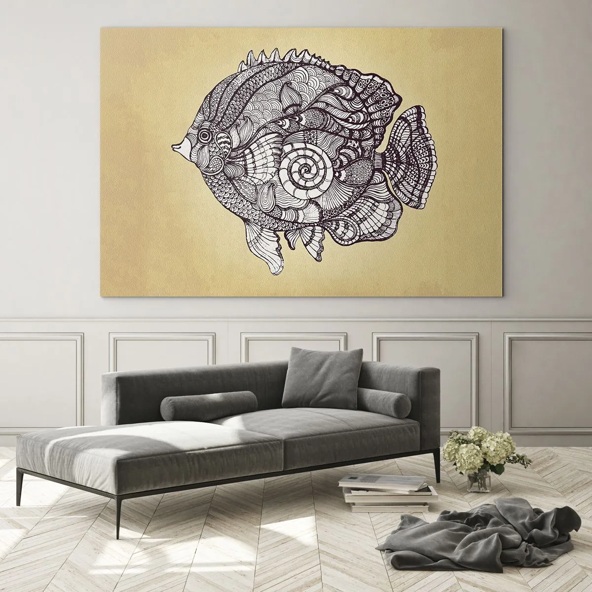 Glasbild - Bild auf glas - Ein Cartoon-Fisch mit Ornamenten auf beigem Hintergrund - 70x50cm - Aus dem Ozean der Ornamente - Moderne Wanddekoration für Wohnzimmer und Schlafzimmer ARTTOR