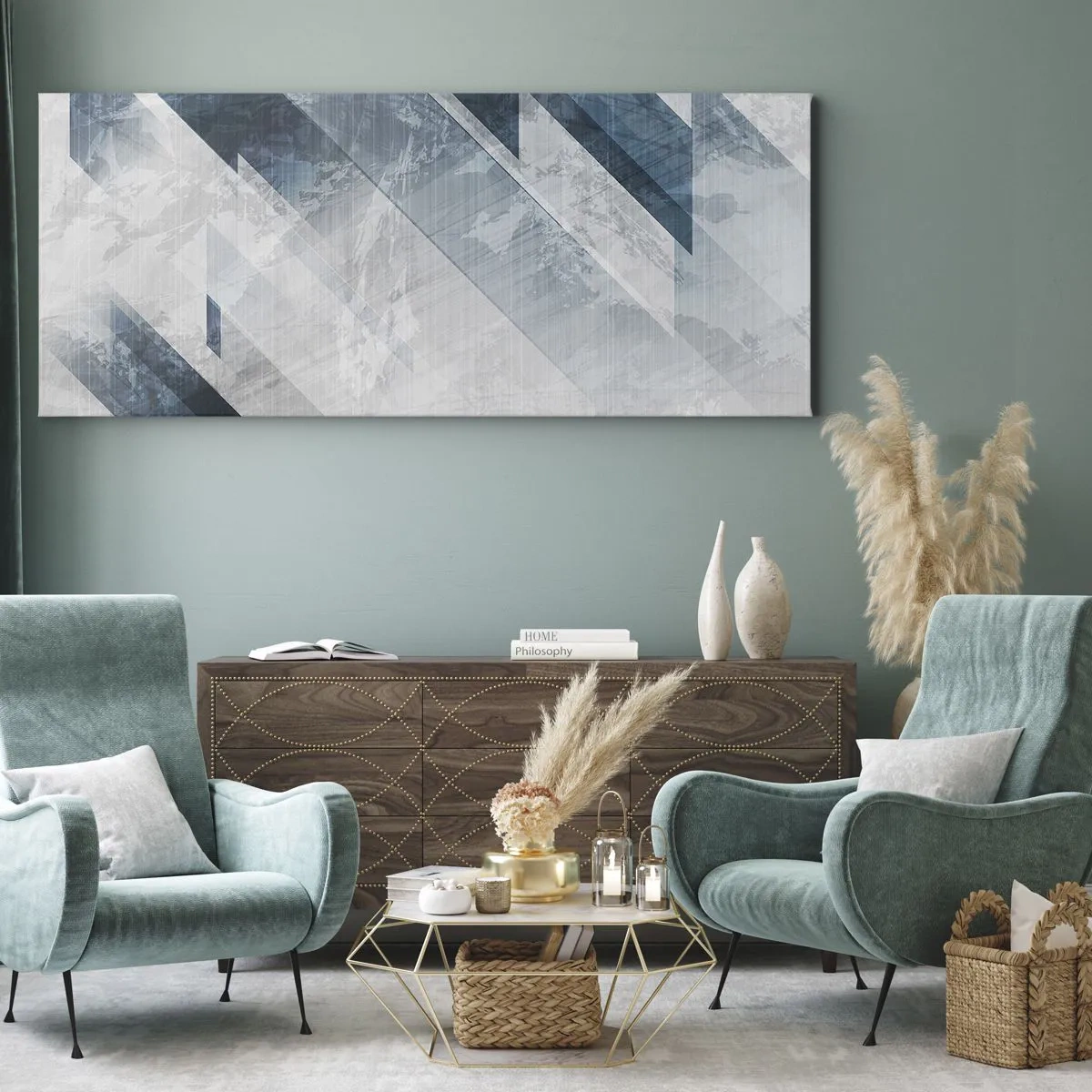 Bild auf Leinwand - Leinwandbild - Abstrakte Linien in Grau- und Blautönen - 140x50cm - Räumliche Komposition - graue Bewegung - Moderne Wanddekoration für Wohnzimmer und Schlafzimmer ARTTOR