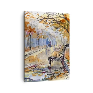 Bild auf Leinwand - Leinwandbild - Ein herbstlicher Park mit einer Bank in Aquarell - 50x70cm - Gemeinsam im Herbst wandern - Moderne Wanddekoration für Wohnzimmer und Schlafzimmer ARTTOR