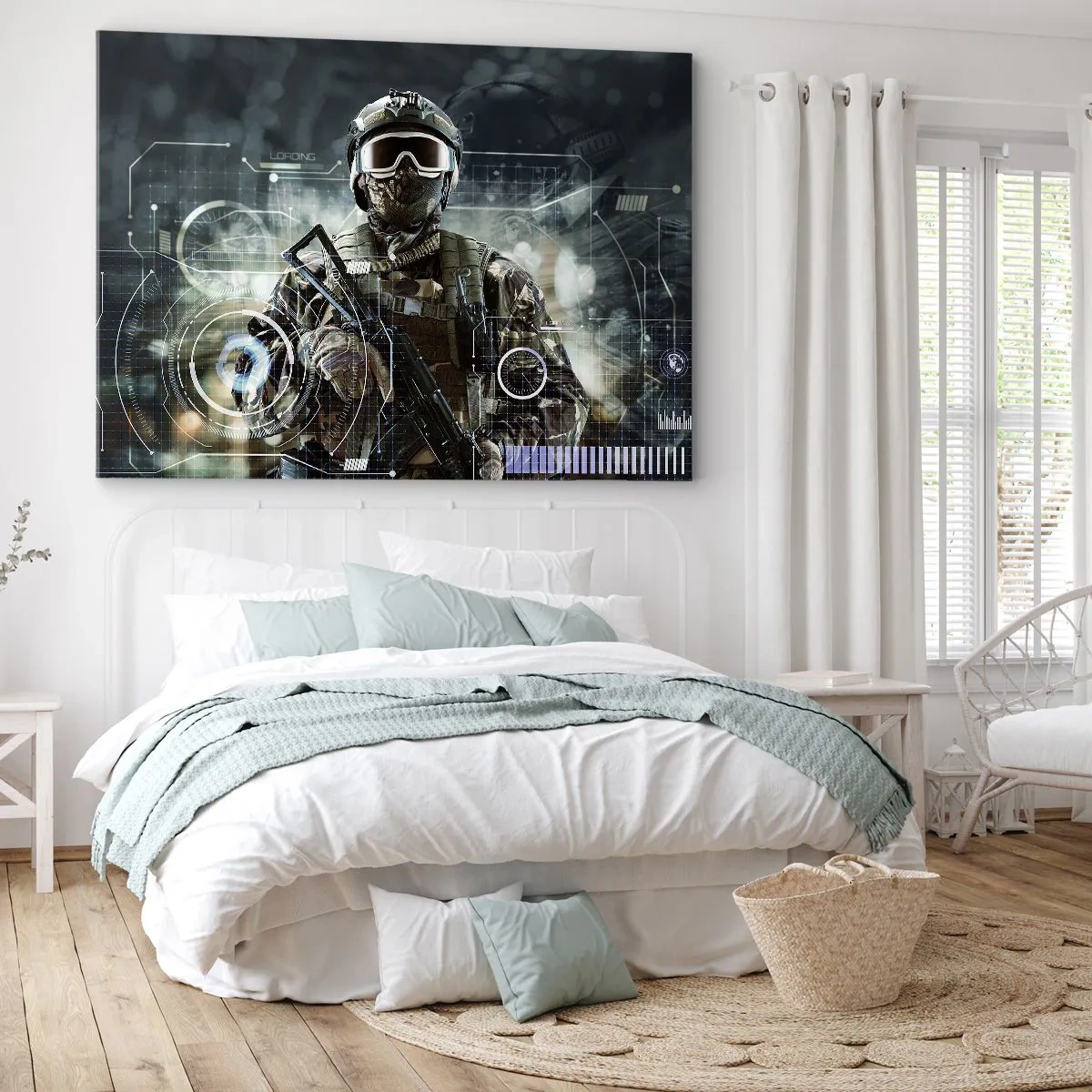 Bild auf Leinwand - Leinwandbild - Ein Soldat in einem futuristischen Helm mit einer Waffe vor dem Hintergrund der Technologie. - 70x50cm - Macht zu Macht - Moderne Wanddekoration für Wohnzimmer und Schlafzimmer ARTTOR