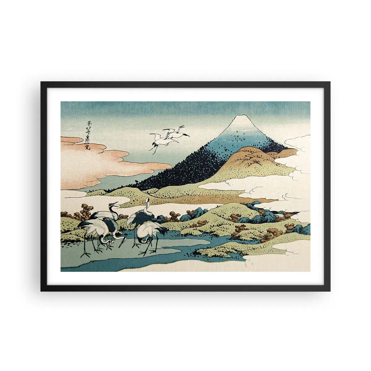 Poster in einem schwarzem Rahmen - Traditionelle japanische Grafik mit Bergen und Kranichen - 70x50cm - Im japanischen Geist - Moderne Wanddekoration für Wohnzimmer und Schlafzimmer ARTTOR