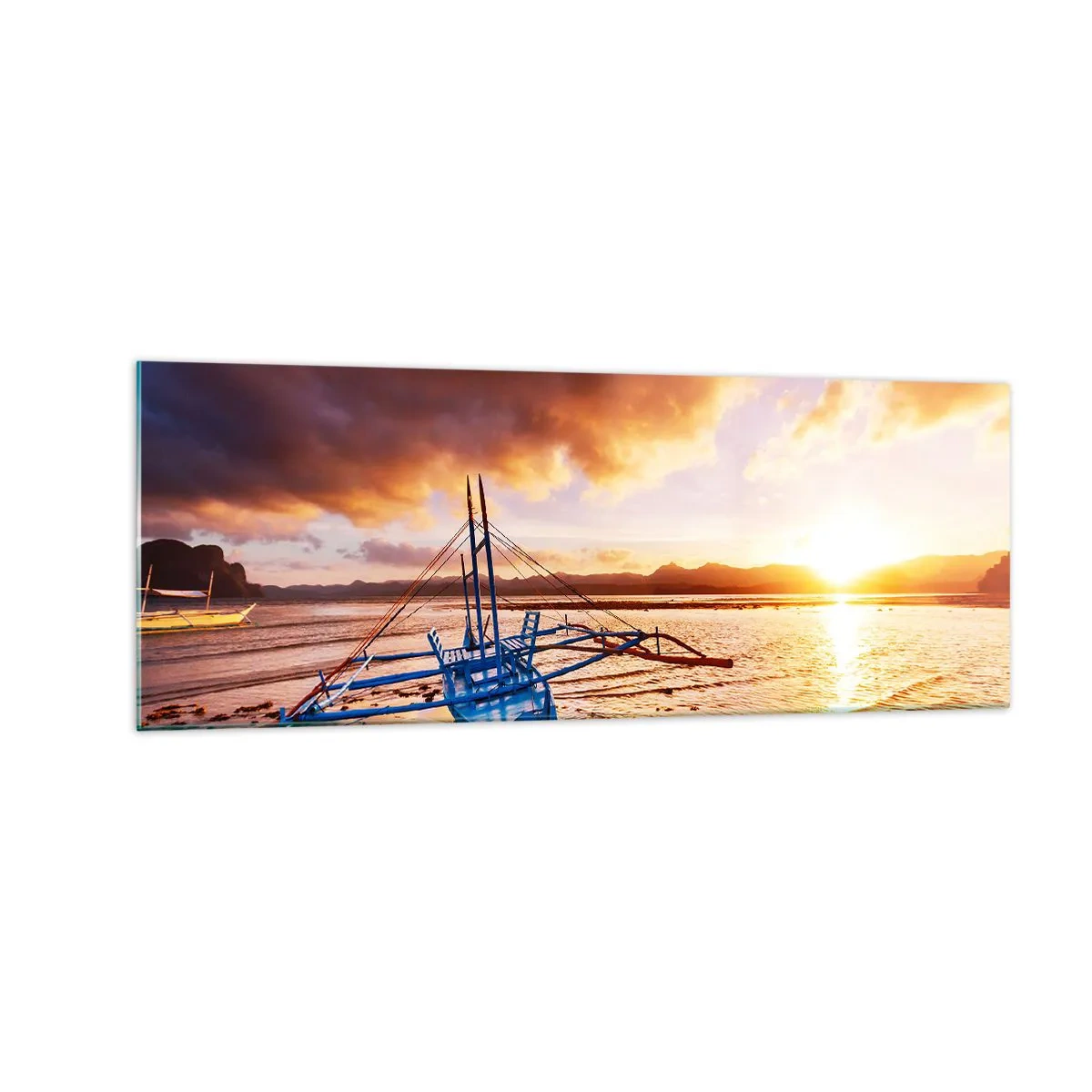 Glasbild - Bild auf glas - Blaues Boot am Strand bei Sonnenuntergang - 140x50cm - Nach einem Tag sich im Sand ausstrecken - Moderne Wanddekoration für Wohnzimmer und Schlafzimmer ARTTOR