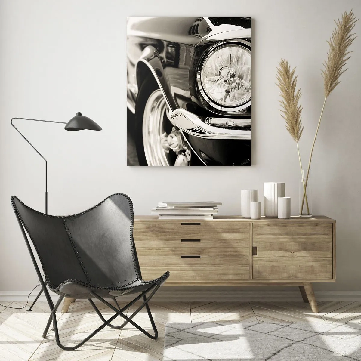 Glasbild - Bild auf glas - Ein kultiger Oldtimer in elegantem Schwarz-Weiß - 80x120cm - Dauerhafter Glanz - Moderne Wanddekoration für Wohnzimmer und Schlafzimmer ARTTOR