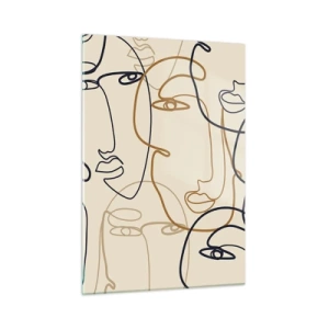 Glasbild - Bild auf glas - Konturierte Gesichter in einem Strich auf Beige gezeichnet - 50x70cm - Das Porträt wird multipliziert - Moderne Wanddekoration für Wohnzimmer und Schlafzimmer ARTTOR