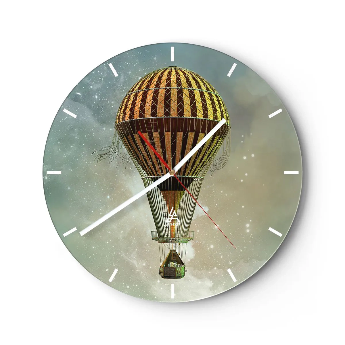Wanduhr - Glasuhr - Ein stilisierter Ballon, der mit Retro-Feeling über einem Sternenhimmel schwebt. - 30x30cm - Pionierflüge - Moderne Wanddekoration für Wohnzimmer, Küche und Schlafzimmer ARTTOR