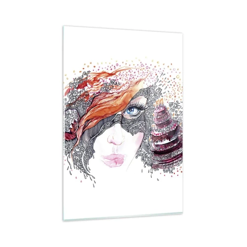 Glasbild - Bild auf glas - Künstlerisches Frauenporträt mit Details und rotem Akzent - 80x120cm - Bei ihr ist jeden Tag Feiertag - Moderne Wanddekoration für Wohnzimmer und Schlafzimmer ARTTOR