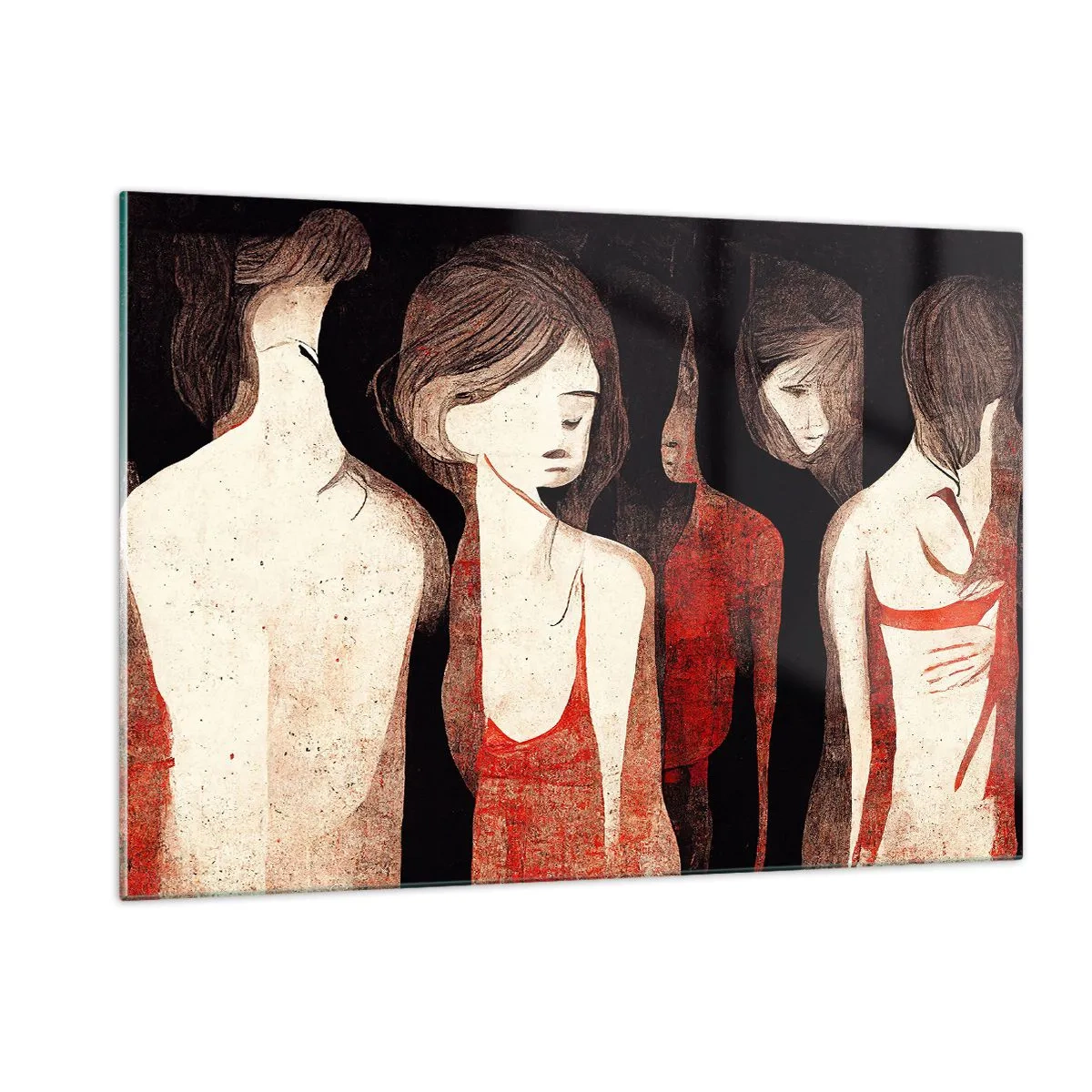 Glasbild - Bild auf glas - Abstrakte weibliche Silhouetten in Rot auf schwarzem Hintergrund - 120x80cm - Madonnen der Dunkelheit - Moderne Wanddekoration für Wohnzimmer und Schlafzimmer ARTTOR
