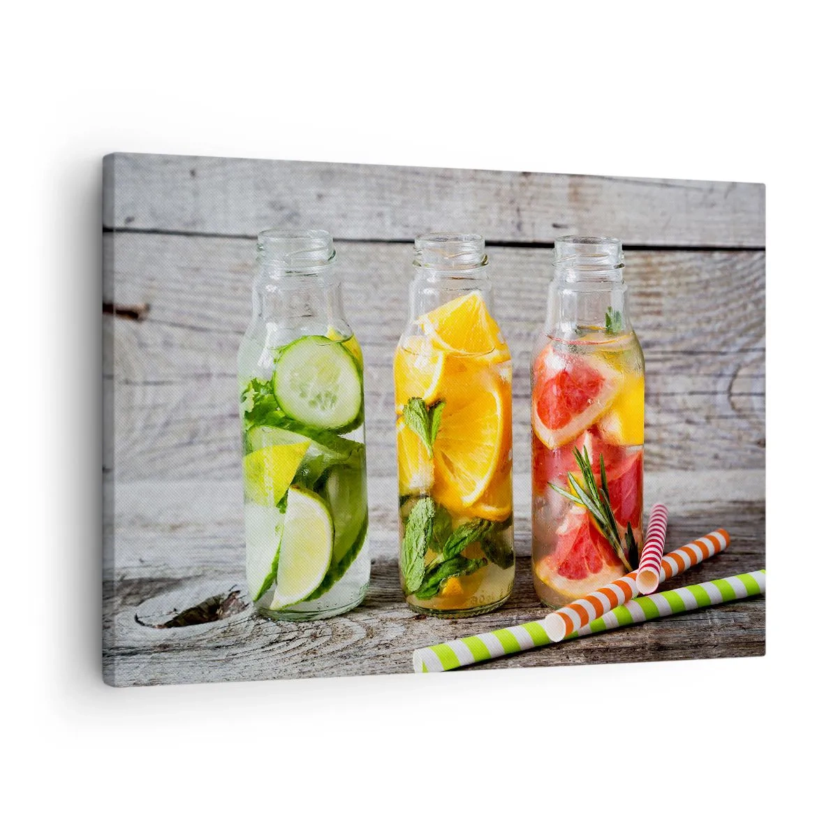 Bild auf Leinwand - Leinwandbild - Flaschen mit Fruchtwasser und Kräutern auf einem hölzernen Hintergrund - 70x50cm - Von Natur aus gesund - Moderne Wanddekoration für Wohnzimmer und Schlafzimmer ARTTOR