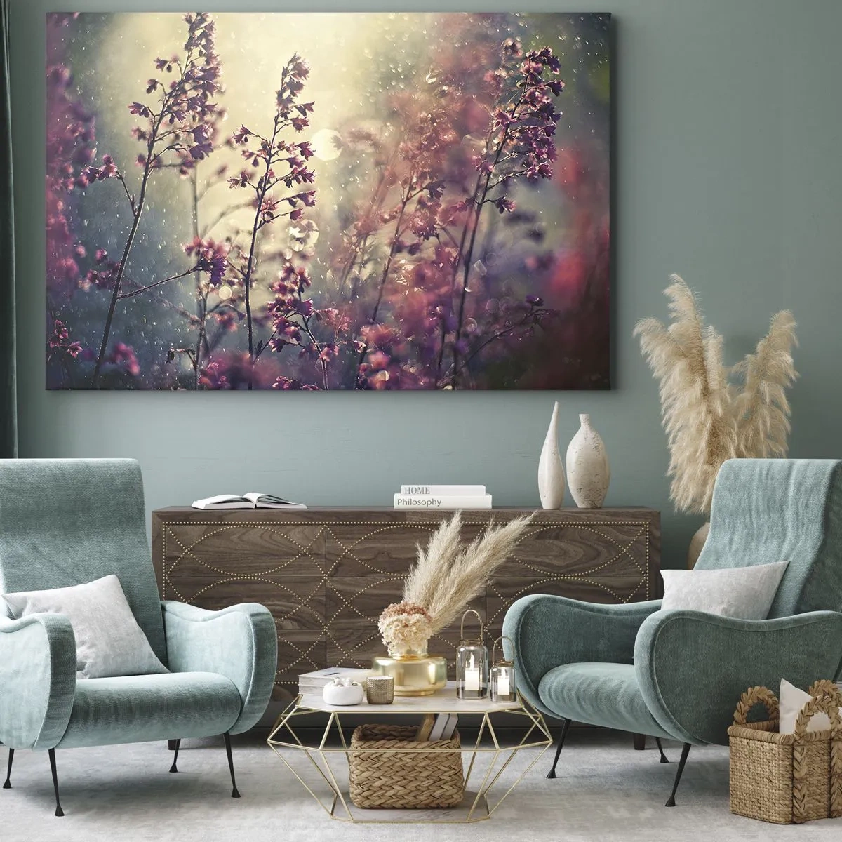 Bild auf Leinwand - Leinwandbild - Blumen im Sonnenlicht vor dem Hintergrund der Natur - 70x50cm - Geheimnisvoller Garten - Moderne Wanddekoration für Wohnzimmer und Schlafzimmer ARTTOR
