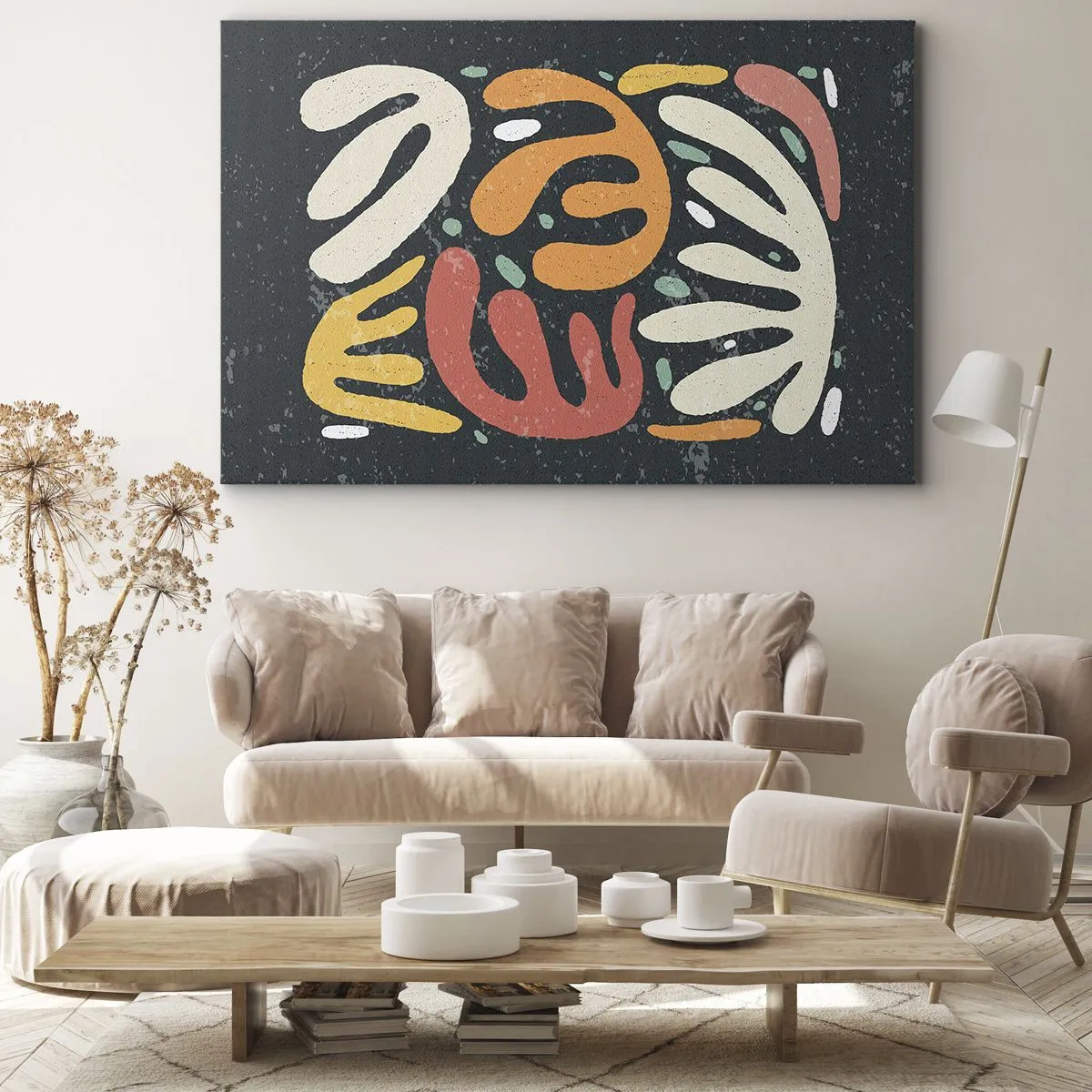 Bild auf Leinwand - Leinwandbild - Abstrakte Formen in warmen Farben auf dunklem Hintergrund - 100x70cm - Komposition – Ich erwische dich gleich - Moderne Wanddekoration für Wohnzimmer und Schlafzimmer ARTTOR