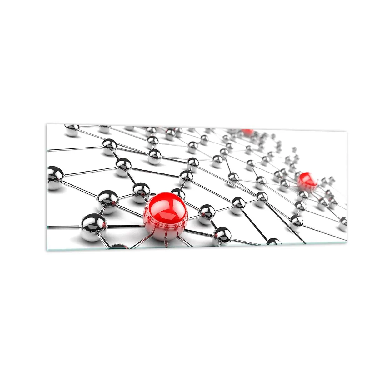Glasbild - Bild auf glas - Ein Netzwerk aus metallischen Kugeln mit roten Akzenten - 140x50cm - Silbriges Netz - Moderne Wanddekoration für Wohnzimmer und Schlafzimmer ARTTOR
