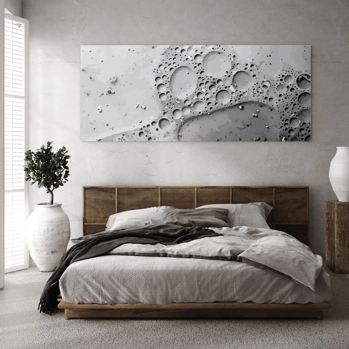 Glasbild - Bild auf glas - Schwarz-weißes Blasenmuster im minimalistischen Stil - 120x50cm - Schaumpfad - Moderne Wanddekoration für Wohnzimmer und Schlafzimmer ARTTOR