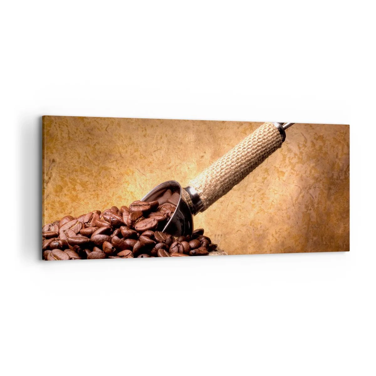 Bild auf Leinwand - Leinwandbild - Kaffeebohnen in einem Jutebeutel mit einem Metalllöffel - 120x50cm - An der Quelle des Geschmacks - Moderne Wanddekoration für Wohnzimmer und Schlafzimmer ARTTOR