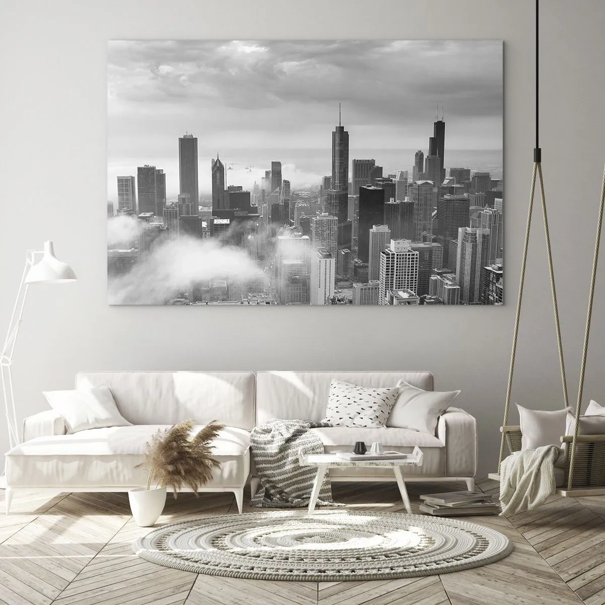 Glasbild - Bild auf glas - Stadtpanorama mit Wolkenkratzern in Schwarzweiß - 70x50cm - Amerikanische Landschaft - Moderne Wanddekoration für Wohnzimmer und Schlafzimmer ARTTOR