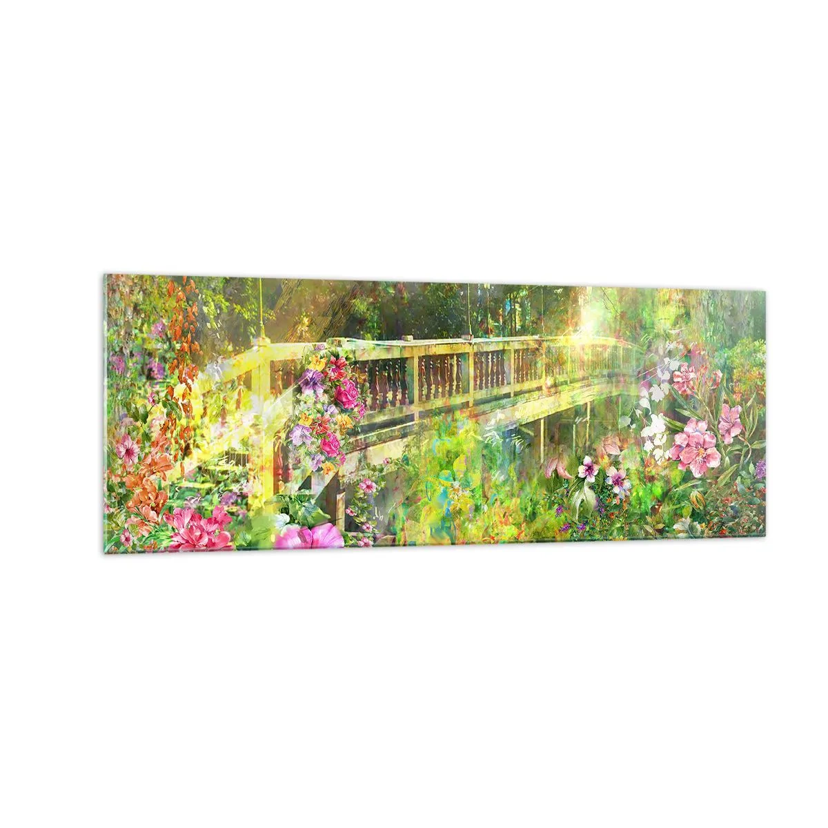 Glasbild - Bild auf glas - Eine Brücke umgeben von üppiger Vegetation und Blumen - 140x50cm - Eine Brücke aus Frühlingsseufzern - Moderne Wanddekoration für Wohnzimmer und Schlafzimmer ARTTOR