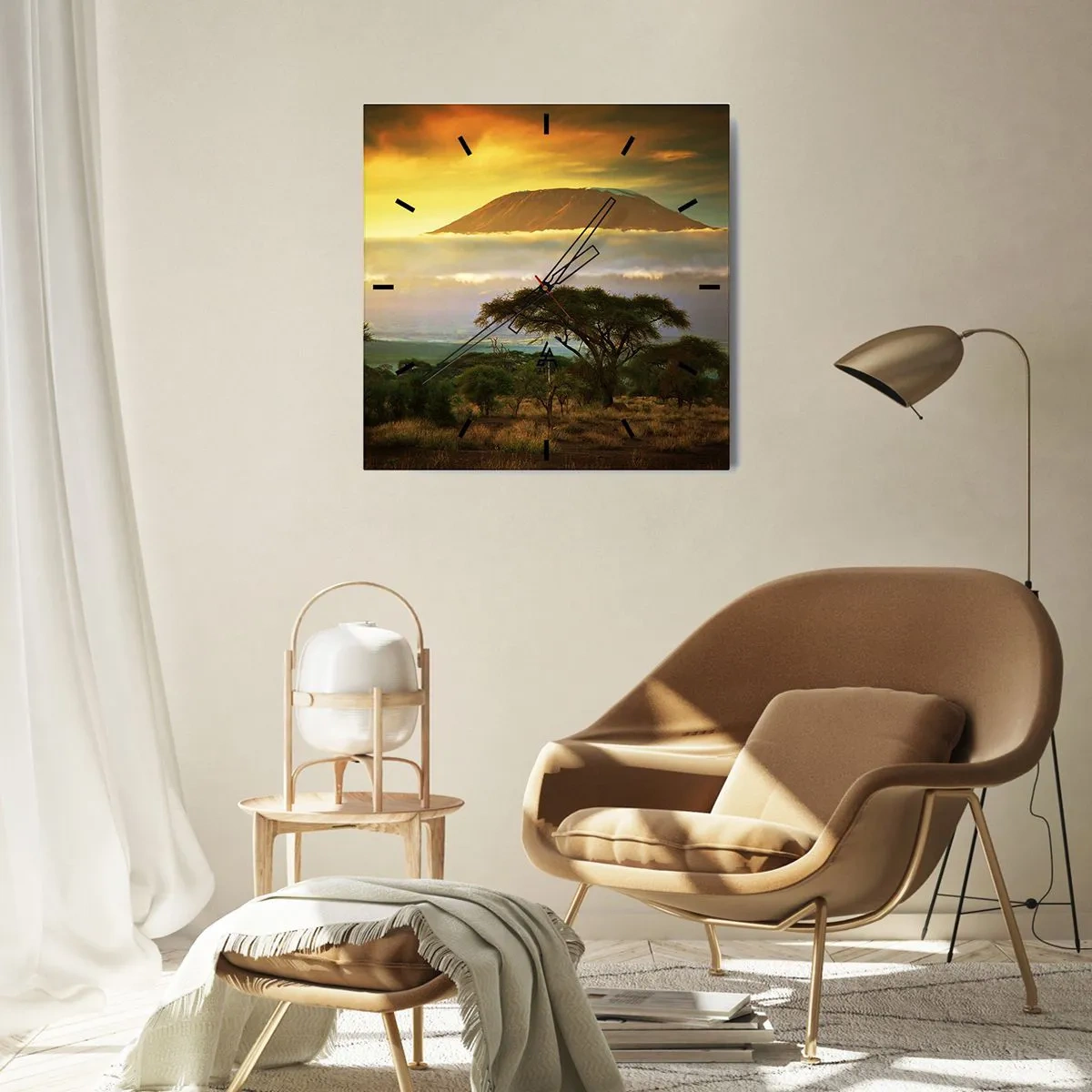 Wanduhr - Glasuhr - Afrikanische Landschaft mit Kilimandscharo bei Sonnenaufgang - 30x30cm - Ein Reisetraum - Moderne Wanddekoration für Wohnzimmer und Schlafzimmer ARTTOR
