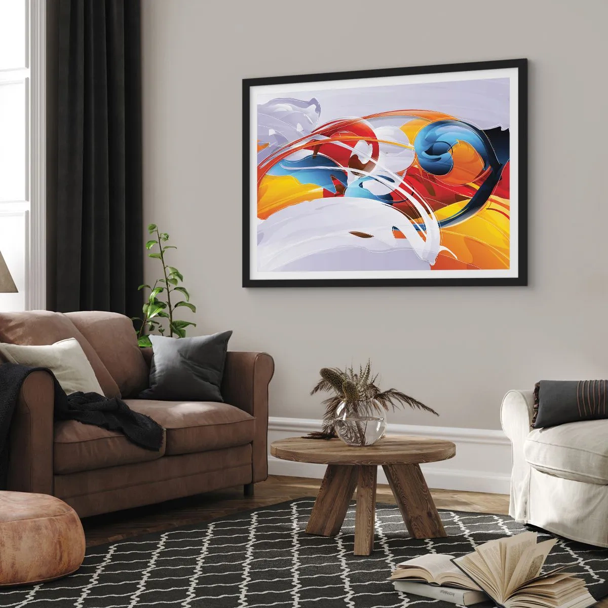 Poster in einem schwarzem Rahmen - Bunte Abstraktion mit dynamischen Linien und lebendigen Farben - 100x70cm - Der Tanz der Elemente - Moderne Wanddekoration für Wohnzimmer und Schlafzimmer ARTTOR