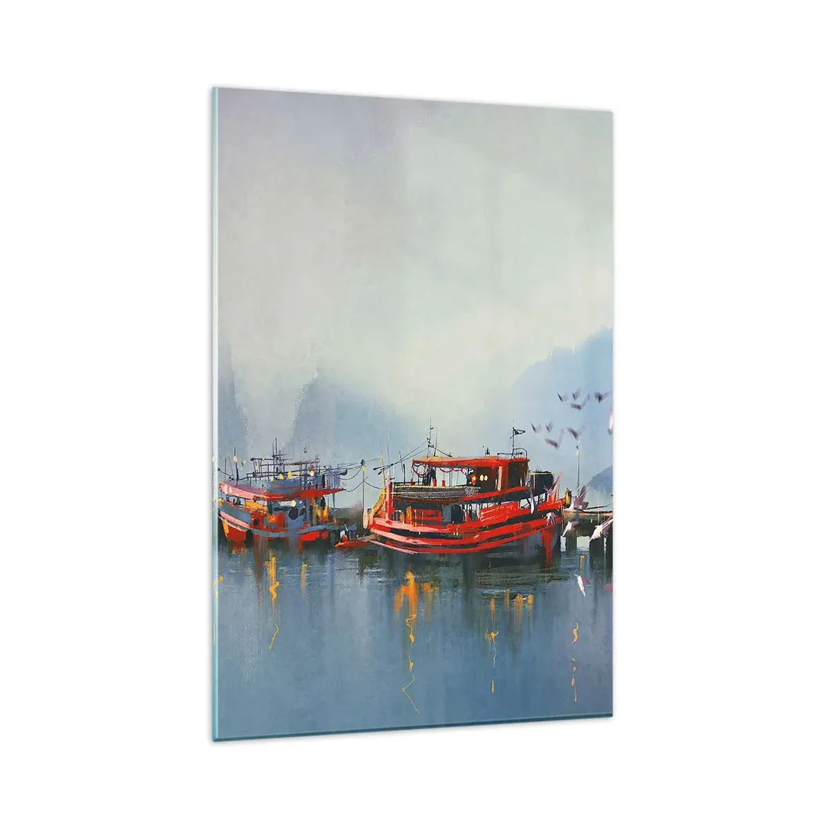 Glasbild - Bild auf glas - Ein Hafen mit roten Booten, umgeben von einer nebligen Landschaft - 80x120cm - Am Ende der Welt - Moderne Wanddekoration für Wohnzimmer und Schlafzimmer ARTTOR