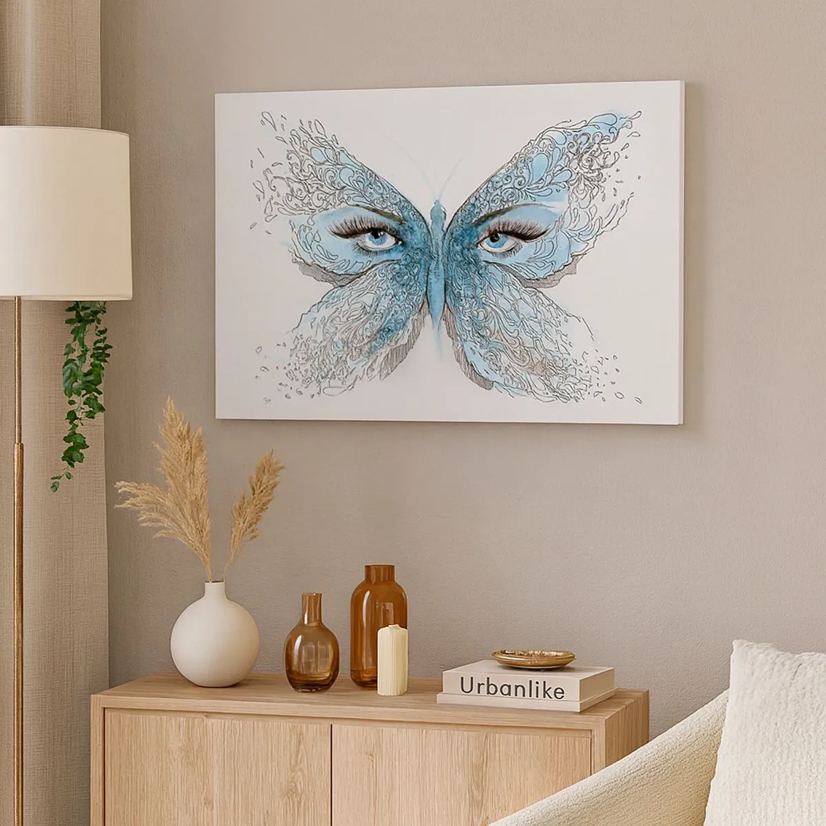 Bild auf Leinwand - Leinwandbild - Künstlerisches Aquarell eines Schmetterlings mit blauen Augen - 70x50cm - Eros Blaumeise - Moderne Wanddekoration für Wohnzimmer und Schlafzimmer ARTTOR