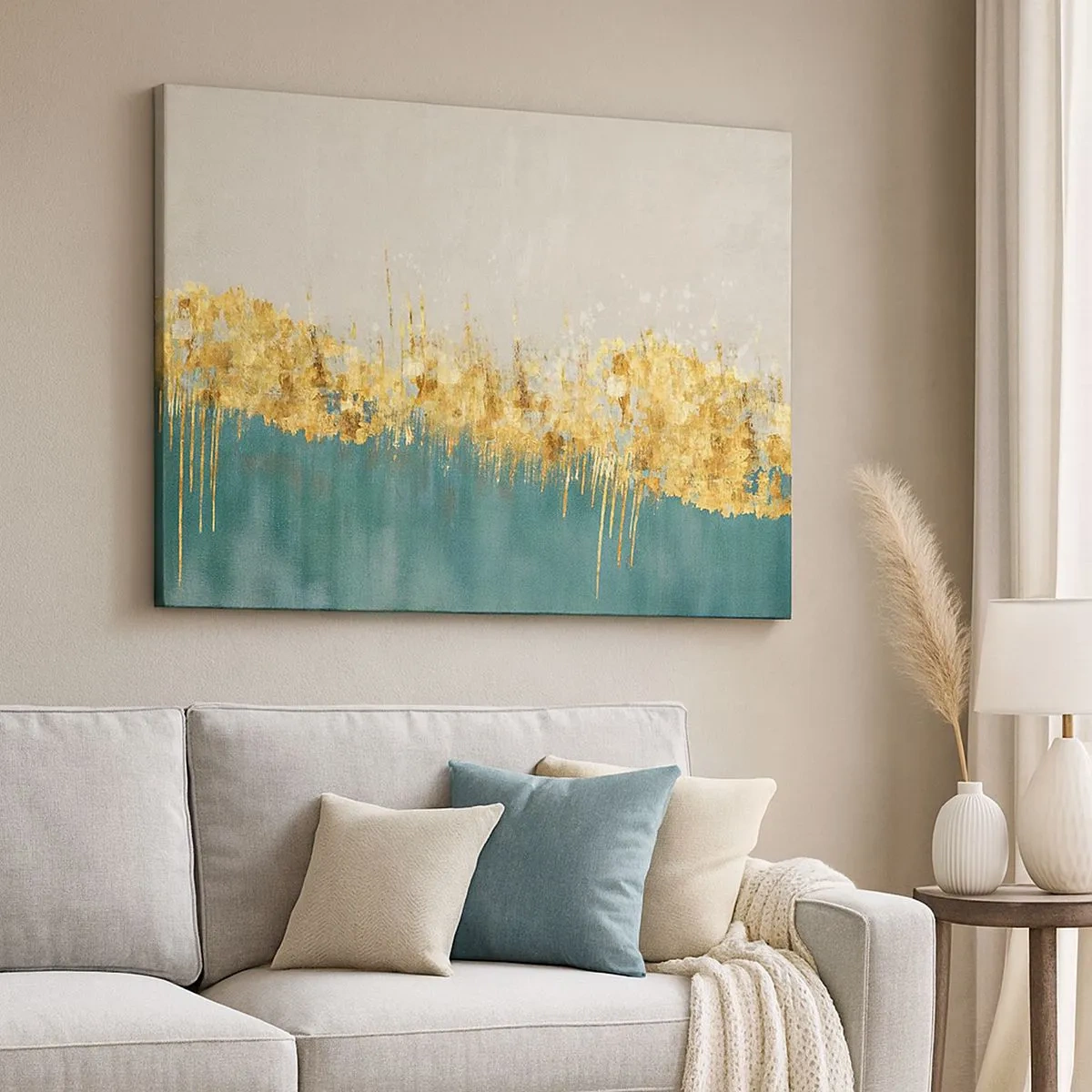 Bild auf Leinwand - Leinwandbild - Goldene Akzente auf grün-beigem Untergrund - 70x50cm - Goldener Rand - Moderne Wanddekoration für Wohnzimmer und Schlafzimmer ARTTOR