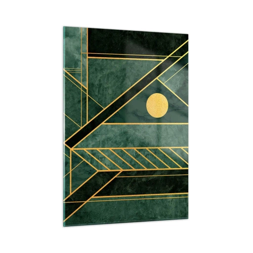 Glasbild - Bild auf glas - Grüne und goldene geometrische Abstraktion im Art-Deco-Stil - 50x70cm - Dynamik von Gold und Azurblau - Moderne Wanddekoration für Wohnzimmer und Schlafzimmer ARTTOR