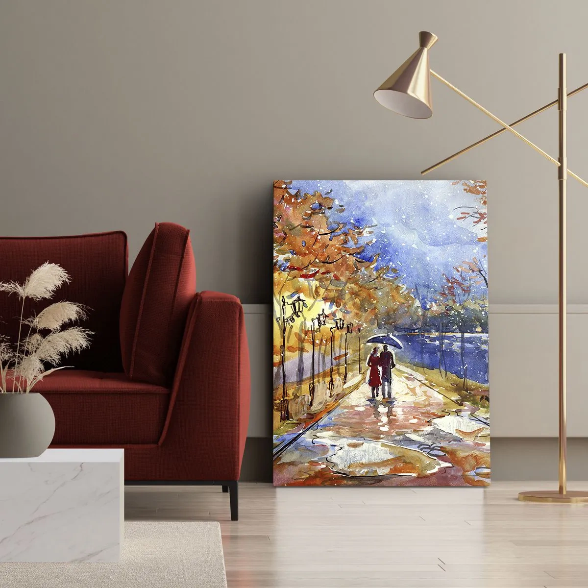 Bild auf Leinwand - Leinwandbild - Ein Herbstspaziergang im Park am Flussufer unter einem Regenschirm - 50x70cm - Gemeinsam bis an die Grenze der Zeit - Moderne Wanddekoration für Wohnzimmer und Schlafzimmer ARTTOR