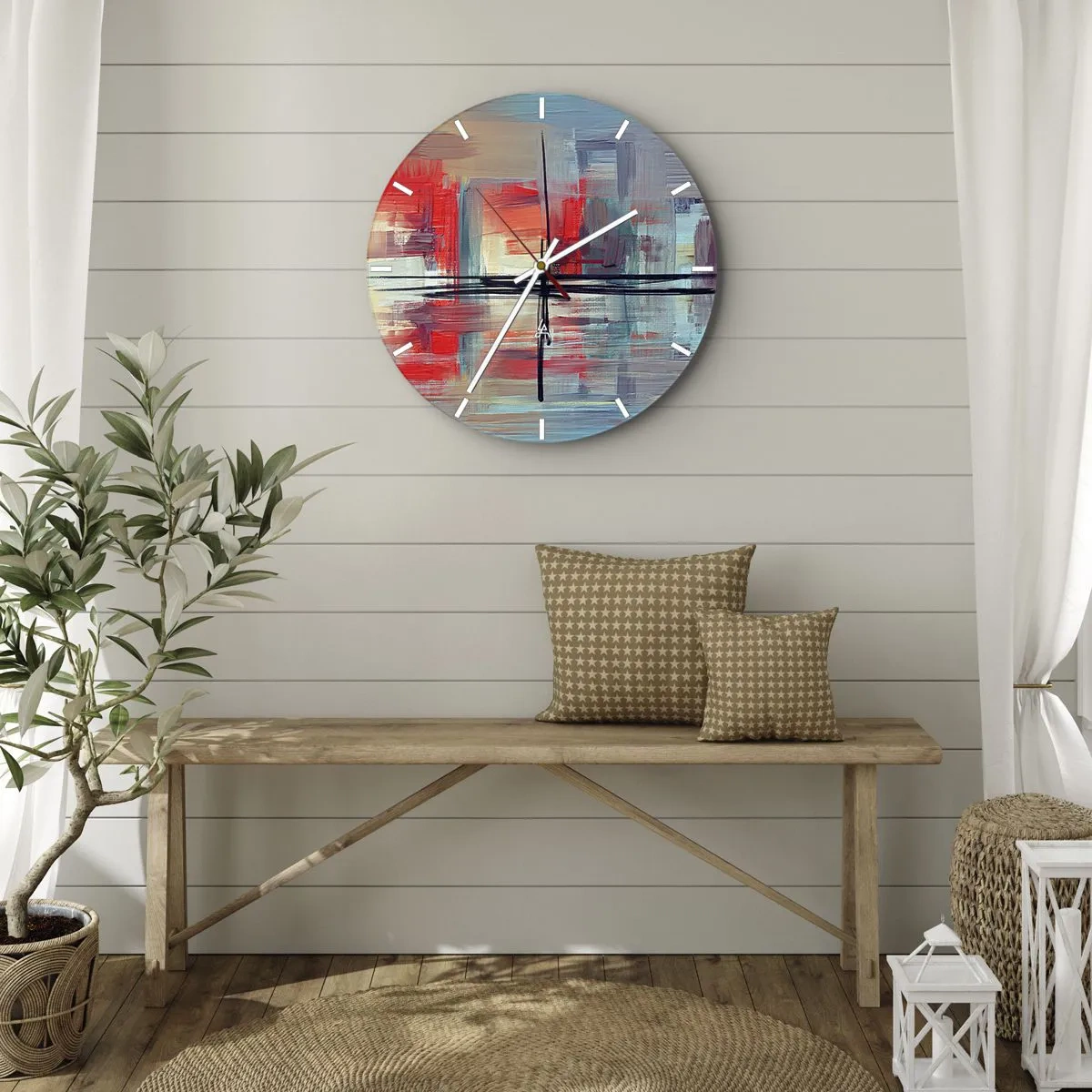 Wanduhr - Glasuhr - Bunte Abstraktion mit geometrischen Pinselstrichen - 30x30cm - Landschaft in einer unbekannten Dimension - Moderne Wanddekoration für Wohnzimmer, Küche und Schlafzimmer ARTTOR