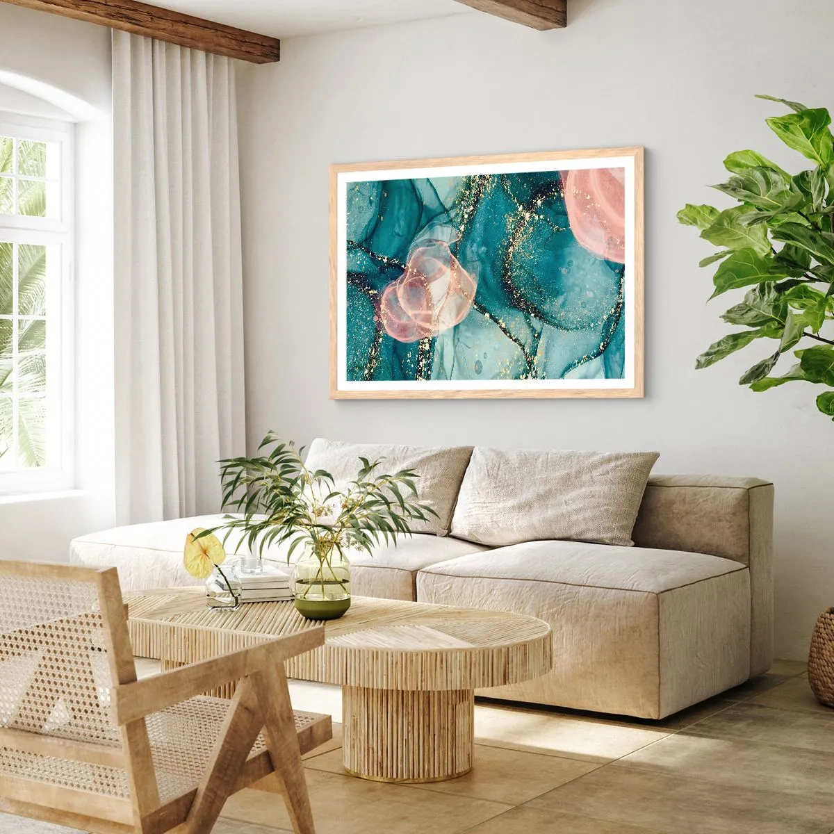 Poster in einem Rahmen aus heller Eiche - Seidenblau, Tüllrosa - 70x50 cm