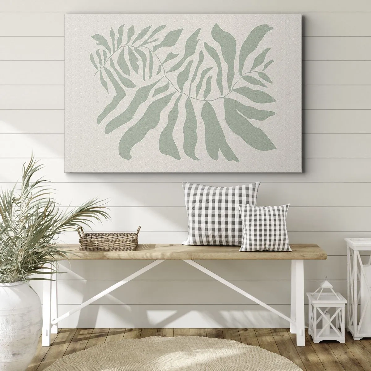 Bild auf Leinwand - Leinwandbild - Ein zartes Zweigmuster mit Blättern in einem Smaragdgrünton - 70x50cm - Smaragdzweig - Moderne Wanddekoration für Wohnzimmer und Schlafzimmer ARTTOR