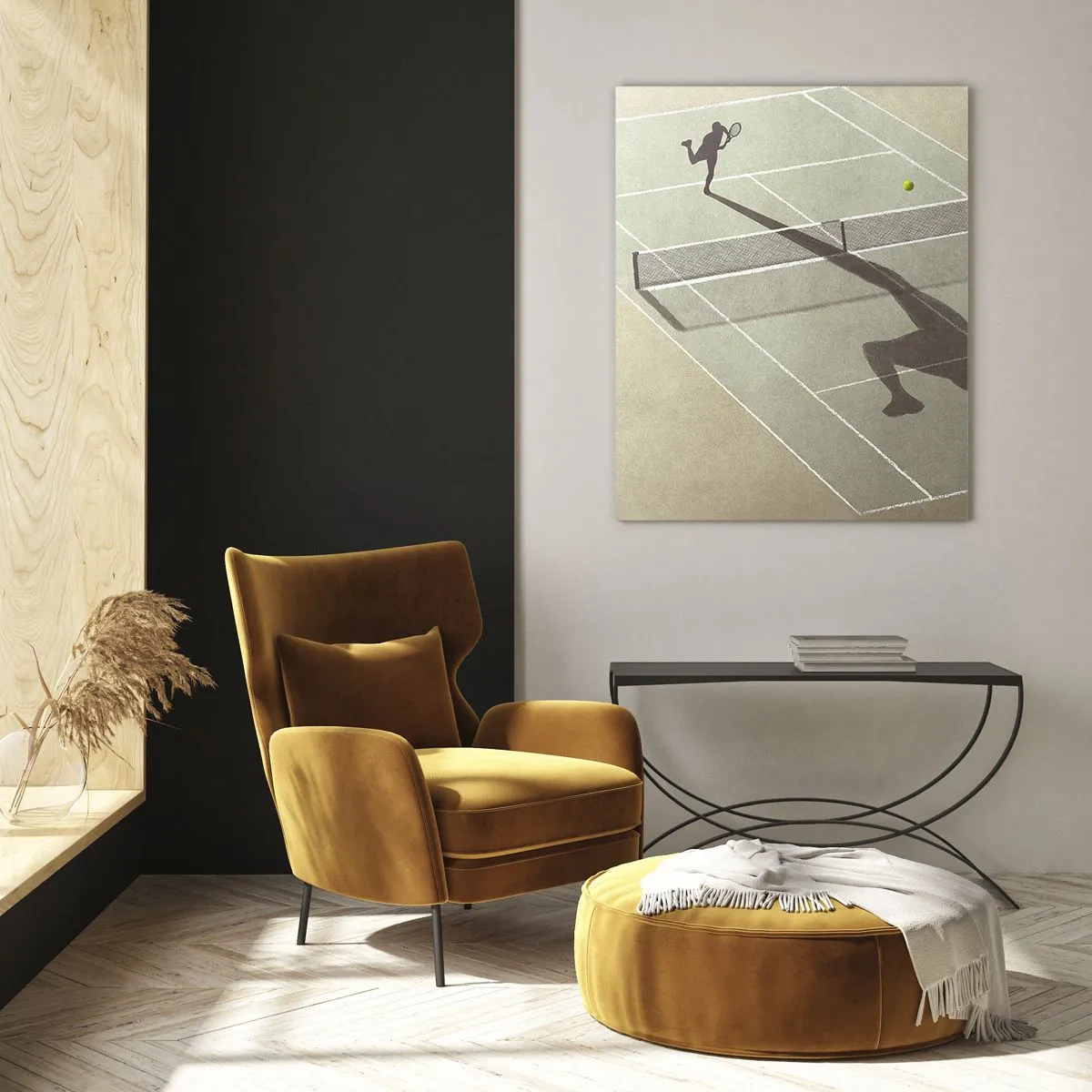 Glasbild - Bild auf glas - Der Schatten eines Tennisspielers auf dem Platz während eines Tennisspiels - 80x120cm - Überwinde dich selbst - Moderne Wanddekoration für Wohnzimmer und Schlafzimmer ARTTOR