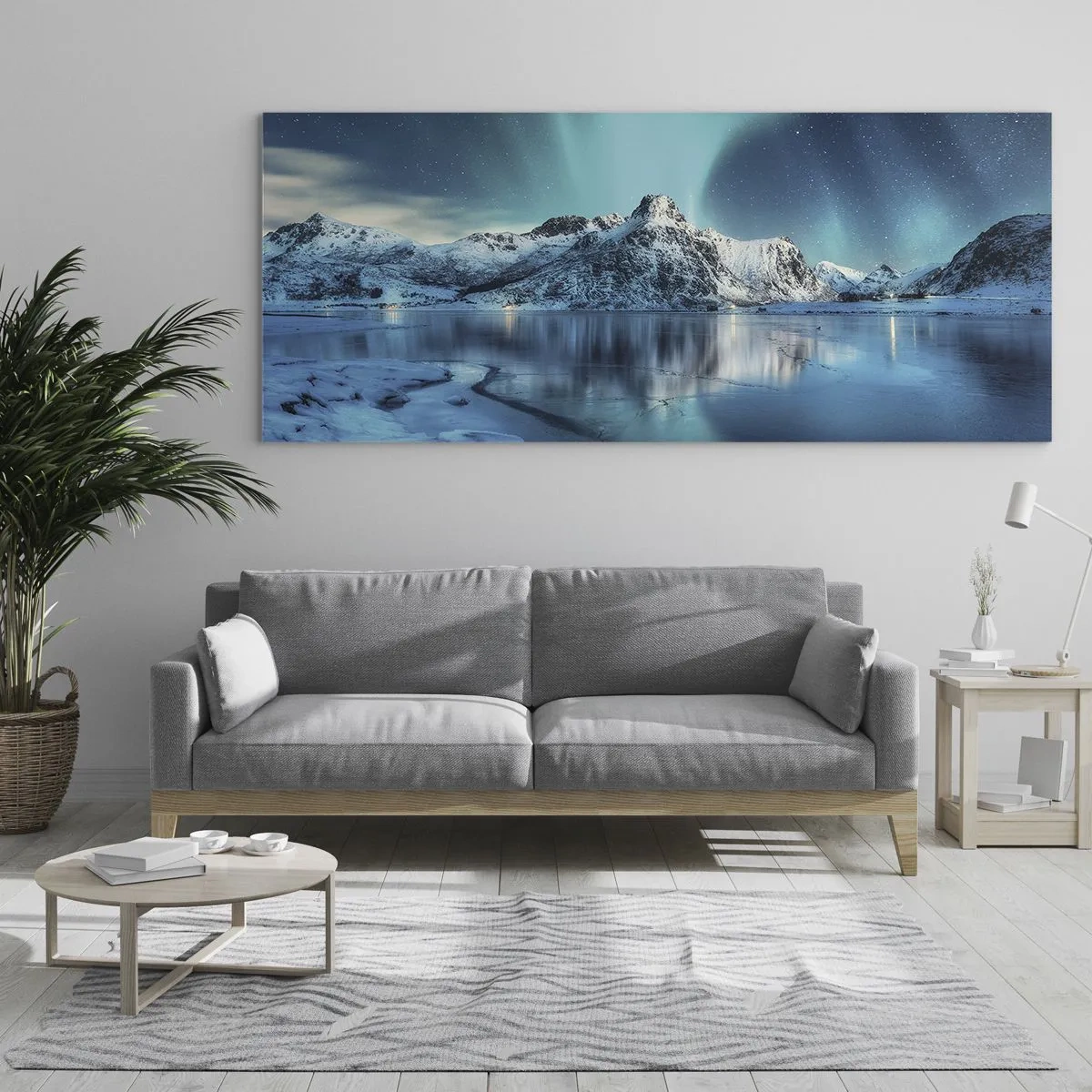 Glasbild - Bild auf glas - Aurora Borealis über schneebedeckten Bergen und einem See - 120x50cm - Lichtnacht - Moderne Wanddekoration für Wohnzimmer und Schlafzimmer ARTTOR