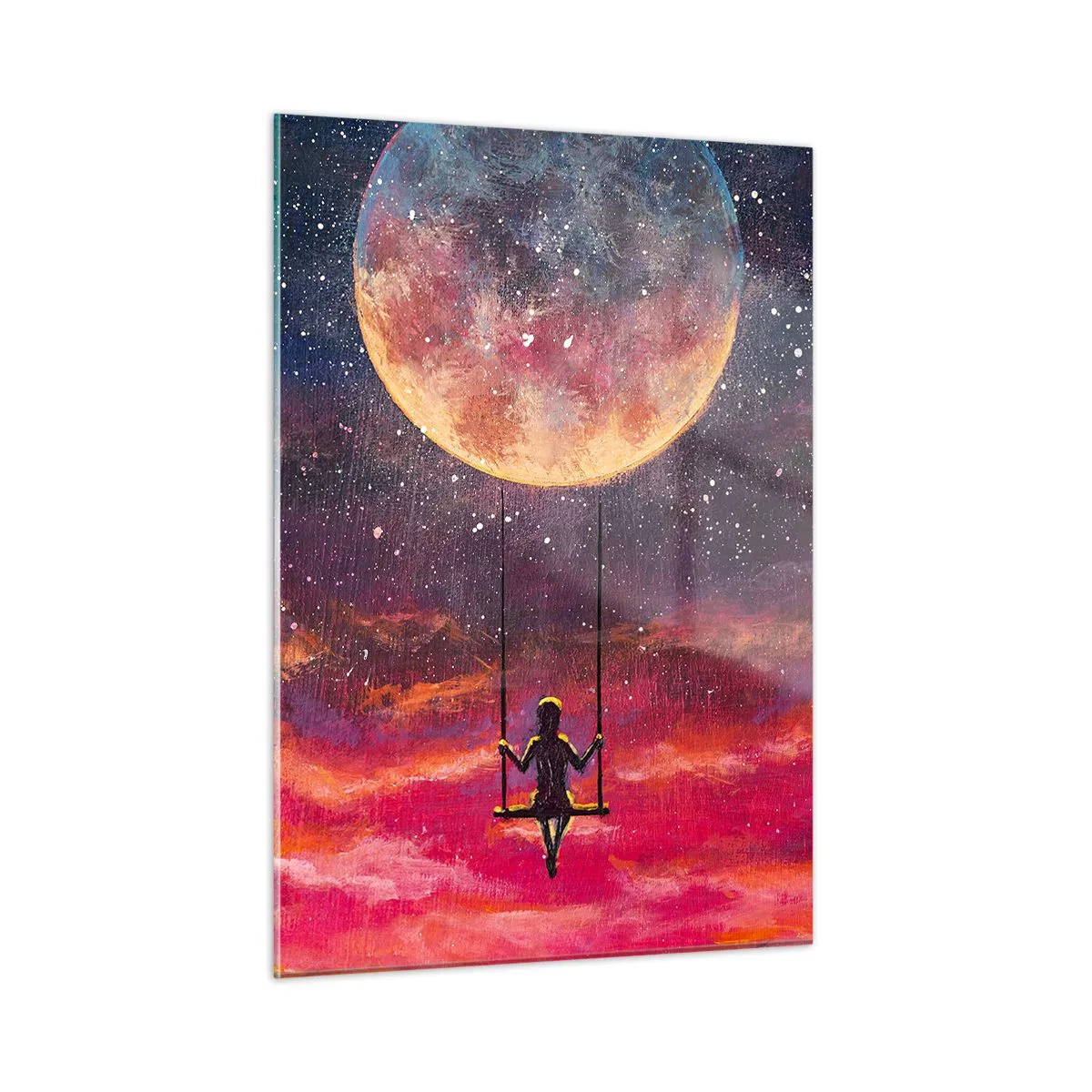 Glasbild - Bild auf glas - Ein Mädchen auf einer Schaukel unter dem Mond - 50x70cm - Traum - Moderne Wanddekoration für Wohnzimmer und Schlafzimmer ARTTOR