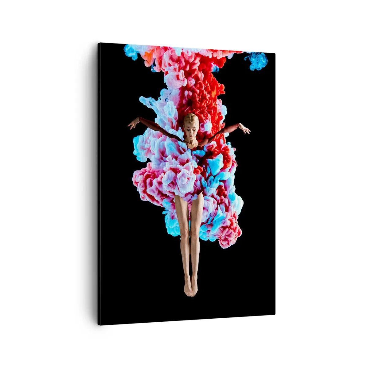 Bild auf Leinwand - Leinwandbild - Eine Tänzerin, umgeben von buntem Rauch auf schwarzem Hintergrund - 50x70cm - In voller Blüte - Moderne Wanddekoration für Wohnzimmer und Schlafzimmer ARTTOR