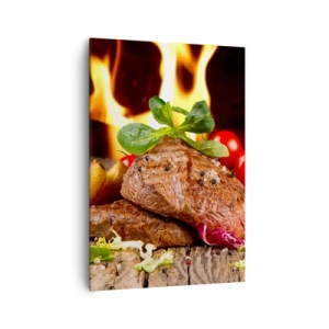 Bild auf Leinwand - Leinwandbild - Gegrilltes Steak mit Beilagen vor dem Hintergrund der Flammen - 70x100cm - Von Hitze gezaubert - Moderne Wanddekoration für Wohnzimmer und Schlafzimmer ARTTOR